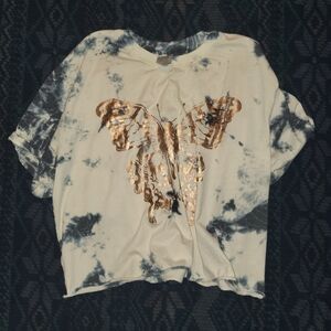 No Boundaries Cream Black Tie Dye Gold Foul Butterfly Graphic Crop Top Xxl